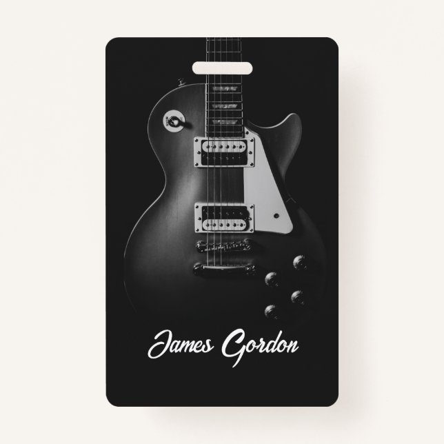 Monochrome electric guitar personalised ID badge (Front)