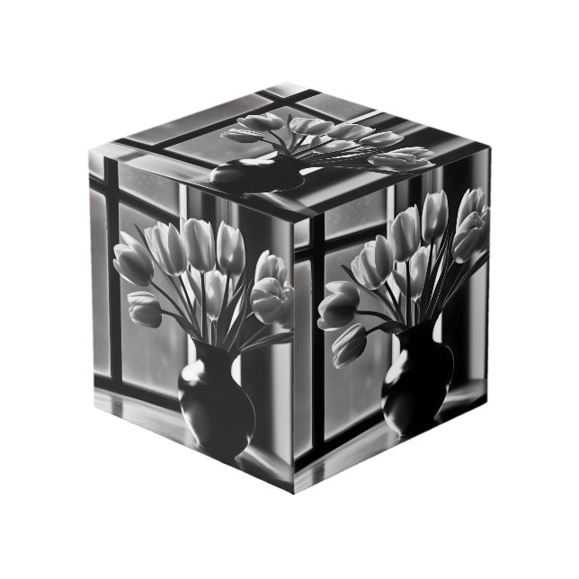 "Monochrome Elegance: Black White Tulip Still Life Cube (Front Angled)