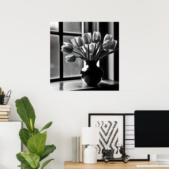 "Monochrome Elegance: Black White Tulip Still Life Poster (Home Office)