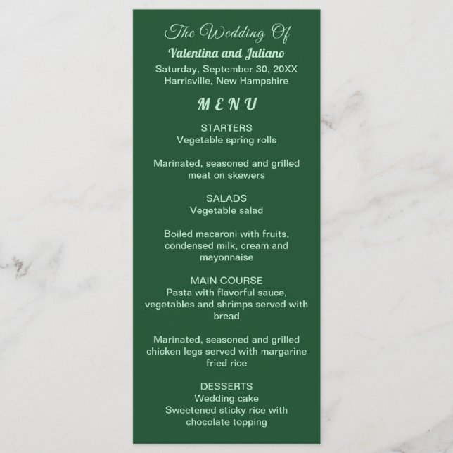 Monochrome Emerald Green Wedding Menu on Long Card (Front)