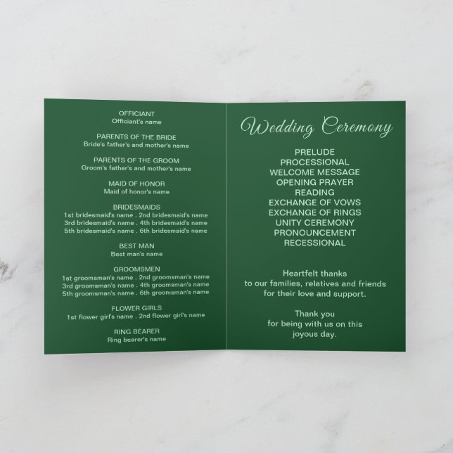 Monochrome Emerald Green Wedding Program Card (Inside)