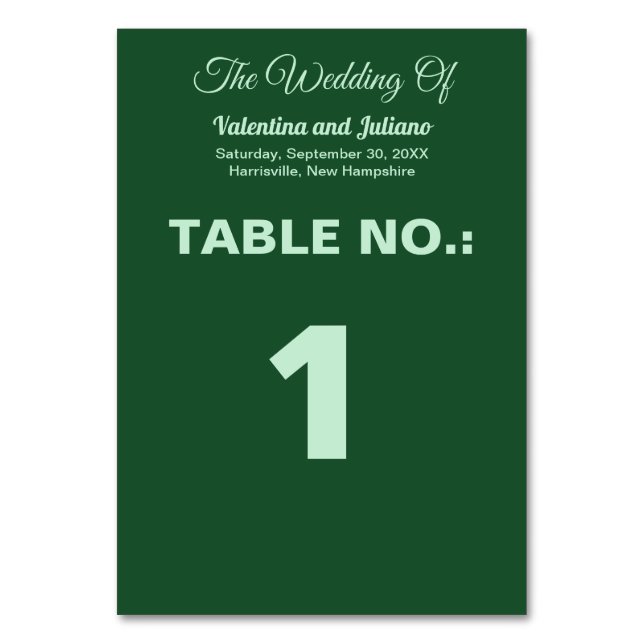 Monochrome Emerald Green Wedding Table Number (Front)