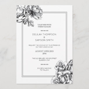 Monochrome Etched Floral Roses Wedding Invitations