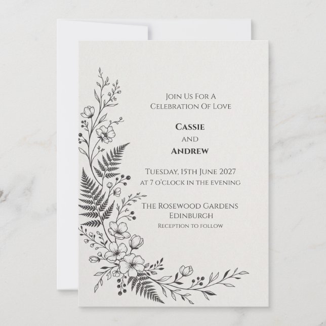 Monochrome Fern Botanical Wedding Invitation (Front)