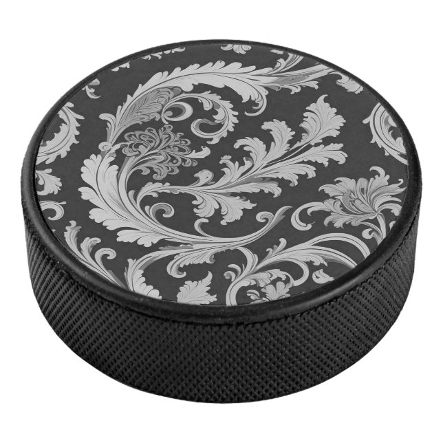 Monochrome Fleur Antique Pattern  Hockey Puck (3/4)