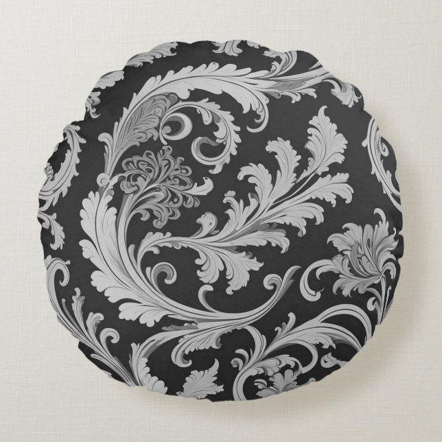 Monochrome Fleur Antique Pattern  Round Cushion (Front)