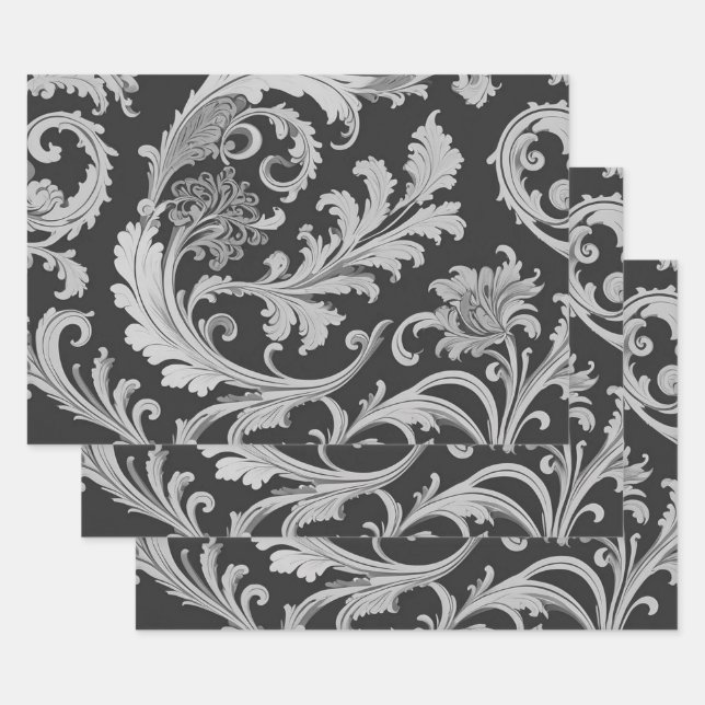 Monochrome Fleur Antique Pattern  Wrapping Paper Sheet (Set)