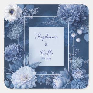 Monochrome Floral Navy Blue White Modern Square Square Sticker