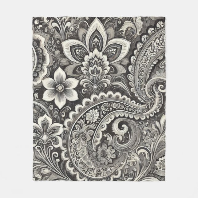 Monochrome Floral Paisley Black & White Fleece Blanket (Front)