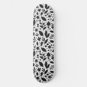Monochrome Floral Pattern With Leaves And Flowers Skateboard