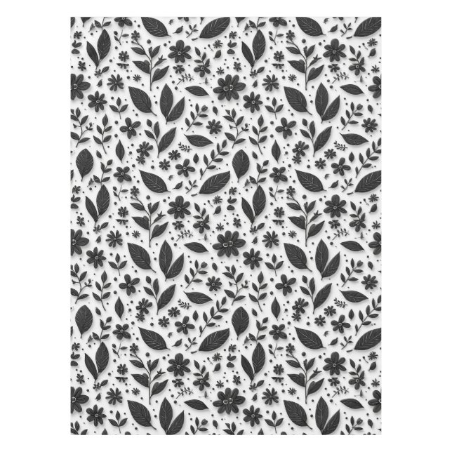 Monochrome Floral Pattern With Leaves And Flowers Tablecloth (Front)
