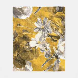 Monochrome Floral Watercolor Poppies Pattern Fleece Blanket