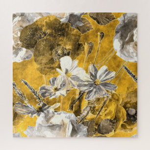 Monochrome Floral Watercolor Poppies Pattern Jigsaw Puzzle