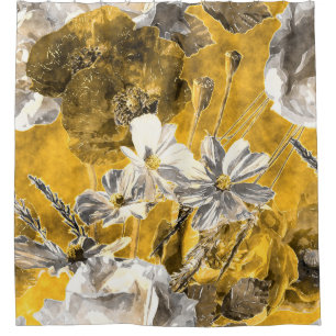 Monochrome Floral Watercolor Poppies Pattern Shower Curtain
