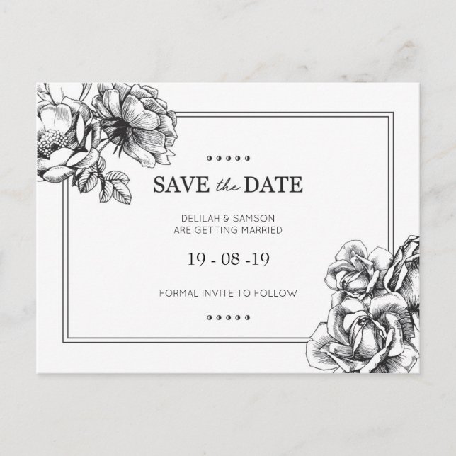Monochrome Floral Wedding Save the Date Postcards (Front)