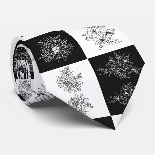 Monochrome Flowers and checkerboard pattern Tie (Rolled)
