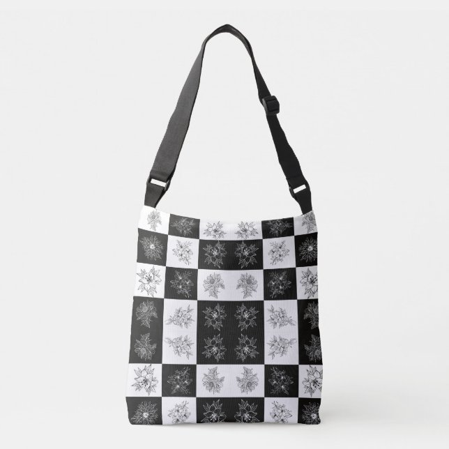 Monochrome Flowers and chequerboard pattern Crossbody Bag (Front)