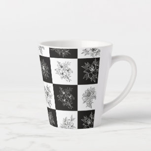 Monochrome Flowers and chequerboard pattern Latte Mug