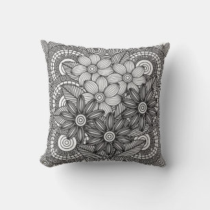 Monochrome Flowers Drawing Cushion
