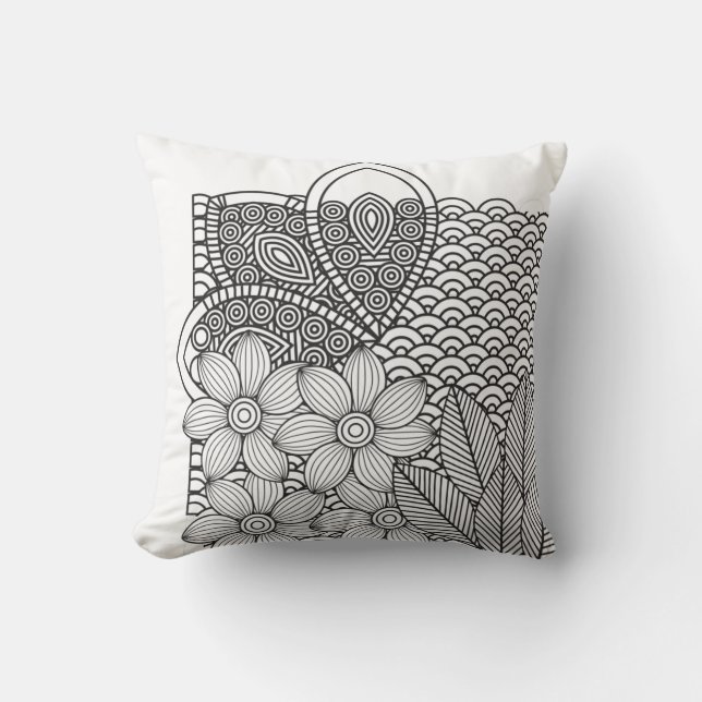 Monochrome Flowers Drawing Cushion (Front)