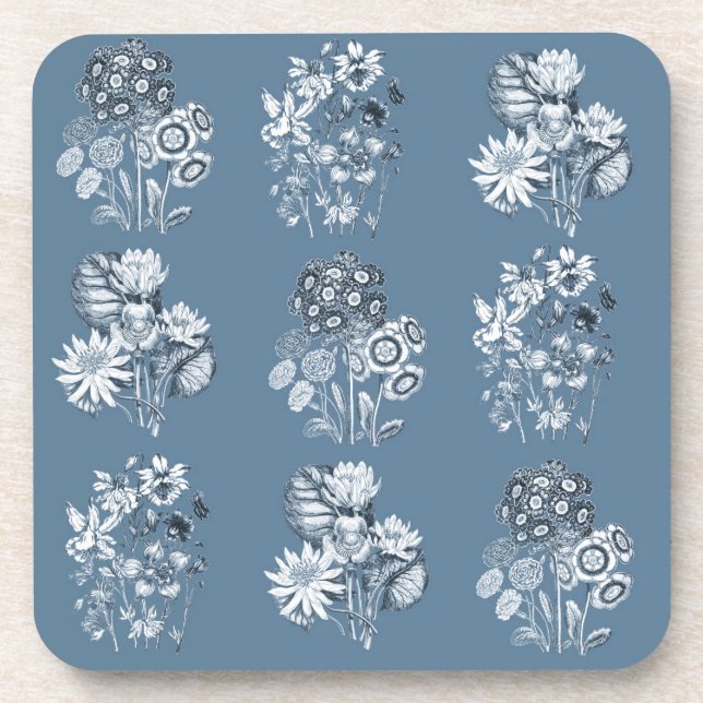 Monochrome flowers in blue coaster (Front)