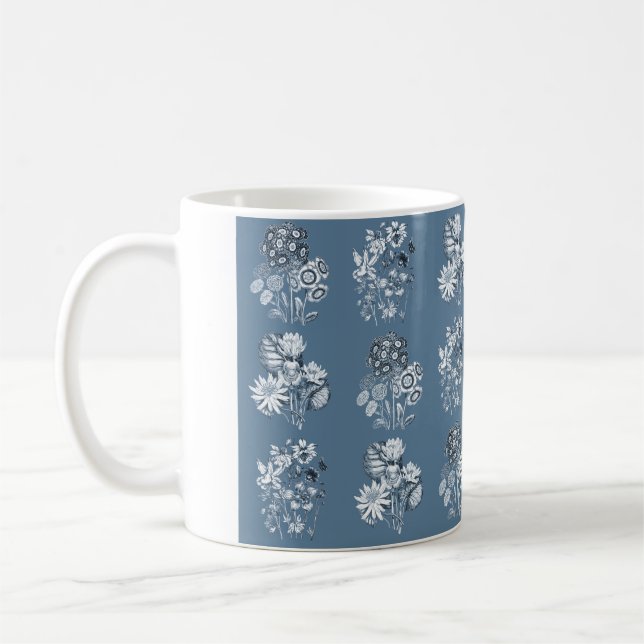 Monochrome flowers in blue coffee mug (Left)