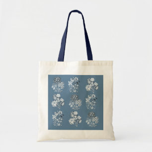 Monochrome flowers in blue tote bag