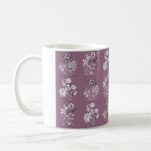 Monochrome flowers in mauve coffee mug