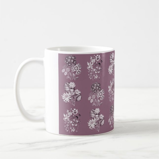 Monochrome flowers in mauve coffee mug (Left)