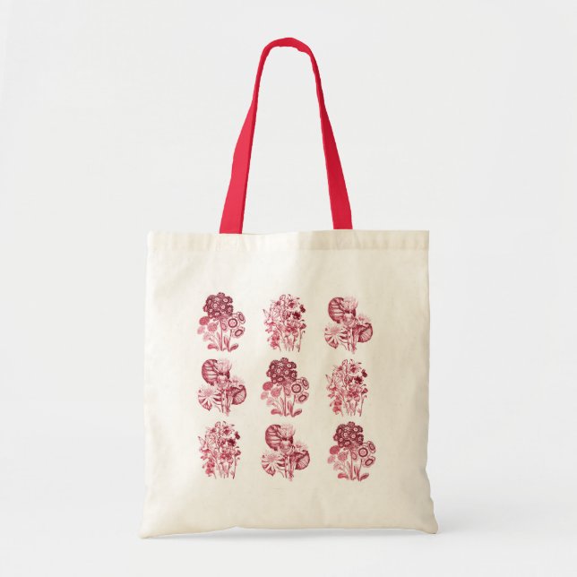 Monochrome flowers in red tote bag (Front)
