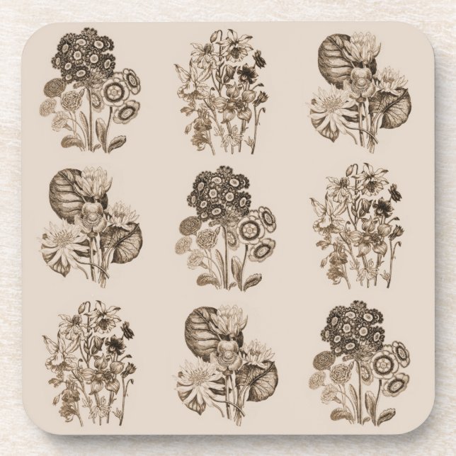 Monochrome flowers in sepia brown coaster (Front)