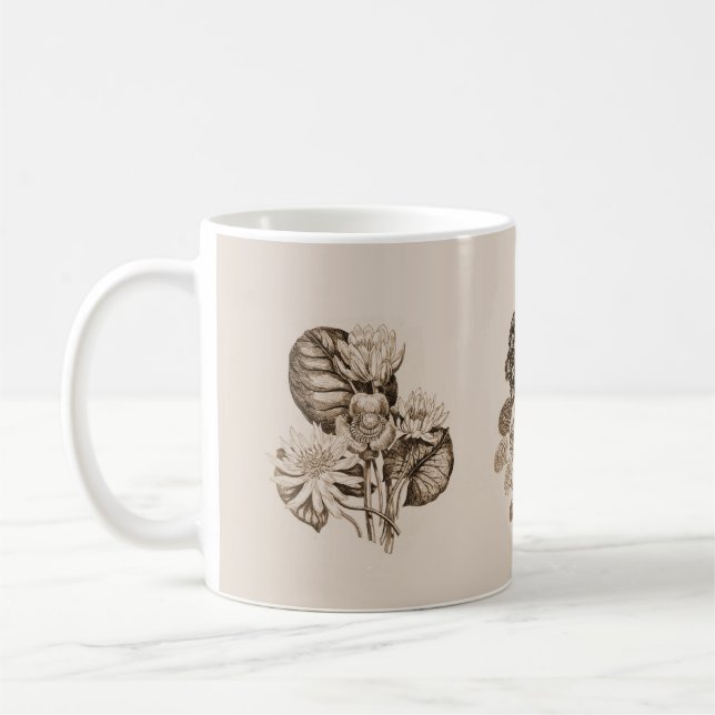 Monochrome flowers in sepia brown coffee mug (Left)