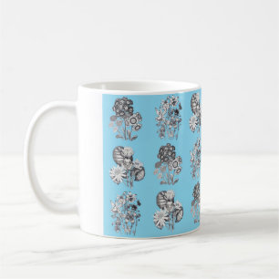 Monochrome flowers on baby blue background coffee mug