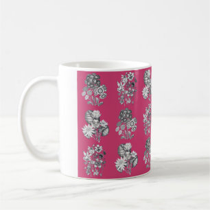 Monochrome flowers on cerise background coffee mug