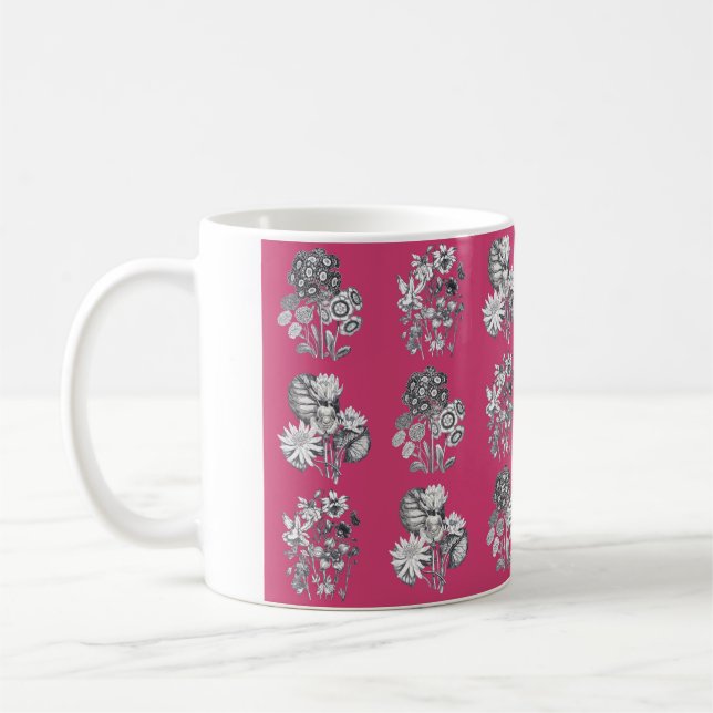 Monochrome flowers on cerise background coffee mug (Left)