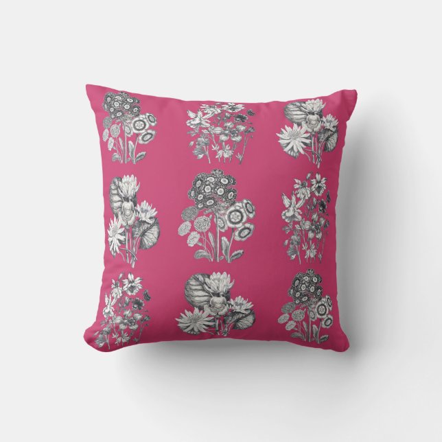 Monochrome flowers on cerise background cushion (Front)