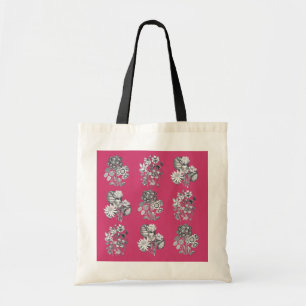 Monochrome flowers on cerise background tote bag