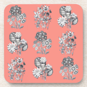Monochrome flowers on coral background coaster