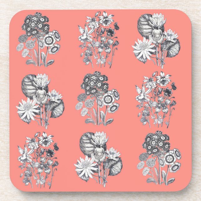 Monochrome flowers on coral background coaster (Front)