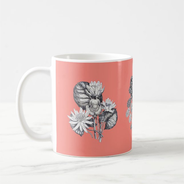 Monochrome flowers on coral background coffee mug (Left)