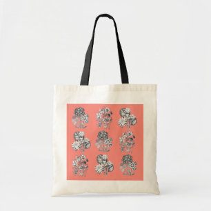 Monochrome flowers on coral background tote bag
