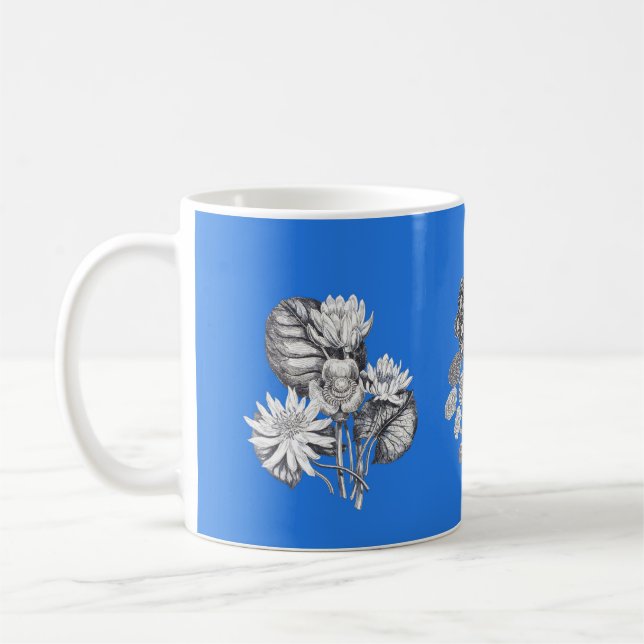 Monochrome flowers on electric blue background coffee mug (Left)