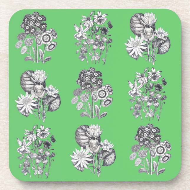 Monochrome flowers on green background coaster (Front)