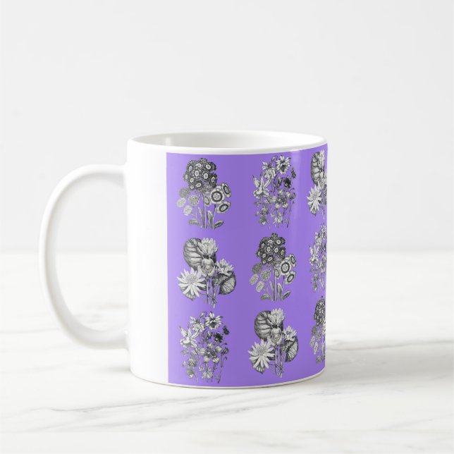 Monochrome flowers on lilac background coffee mug (Left)