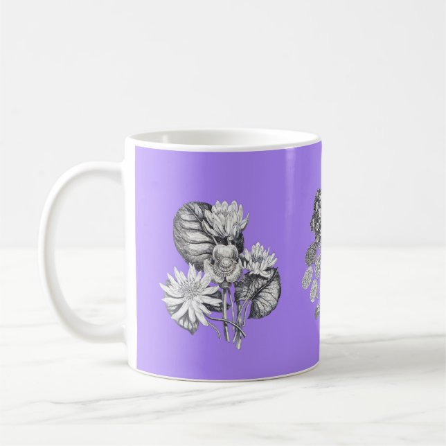 Monochrome flowers on lilac background coffee mug (Left)