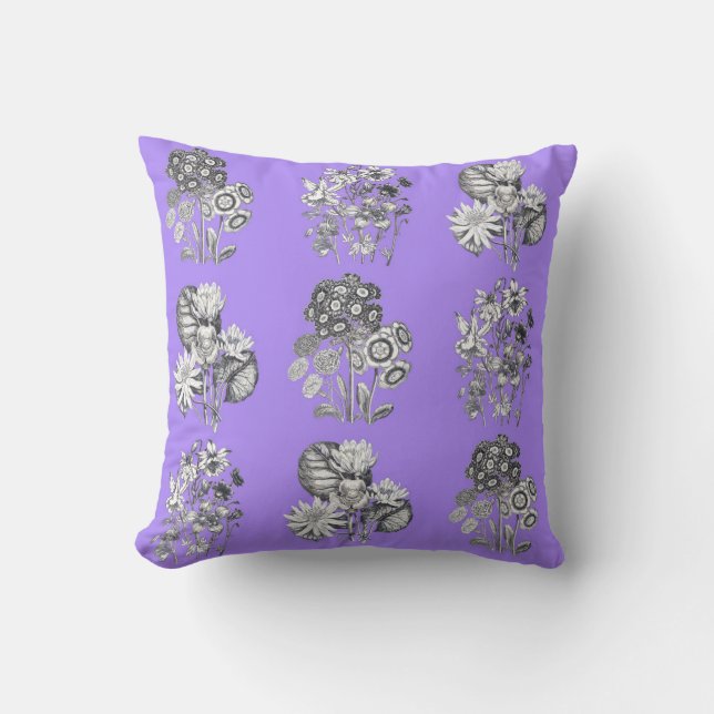 Monochrome flowers on lilac background cushion (Front)