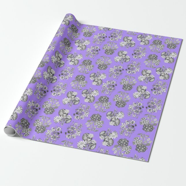 Monochrome Flowers on Lilac Background Giftwrap Wrapping Paper (Unrolled)