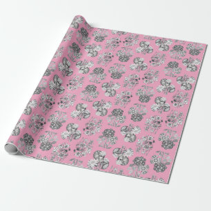 Monochrome Flowers on Pink Background Giftwrap Wrapping Paper