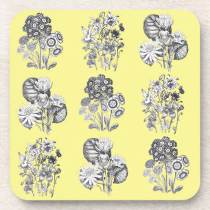 Monochrome flowers on yellow background coaster