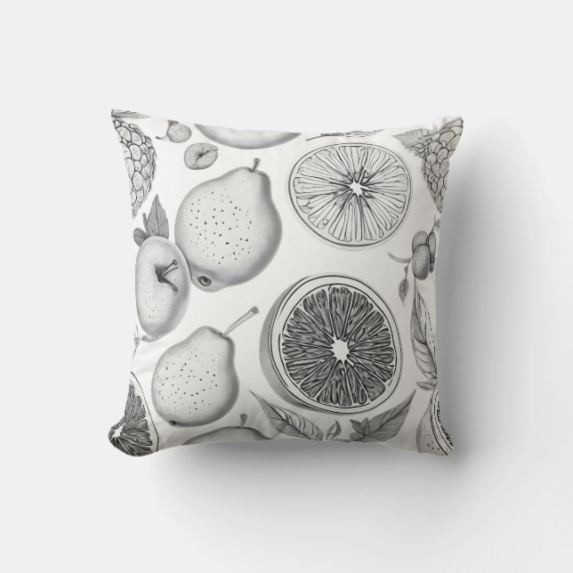 Monochrome Fruit Pattern with Botanical Elements Cushion (Front)